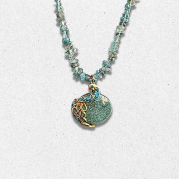 Jewelry - Glass Gold Tone Peacock Beads Pendant Necklace Rhinestone Accents Blue/Green OS